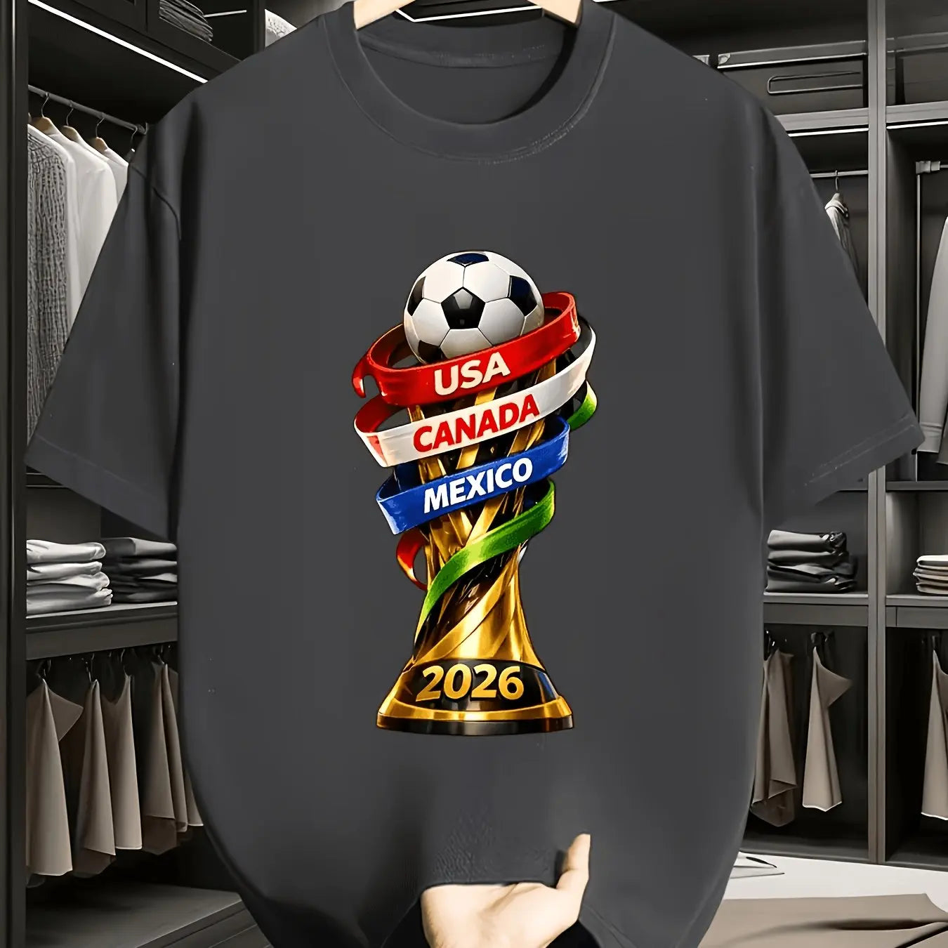 2026 USA Canada Cup Fun Print T-Shirt, Men's Casual Short Sleeve Crew Neck Tee, Soccer Fan Essential Summer Top